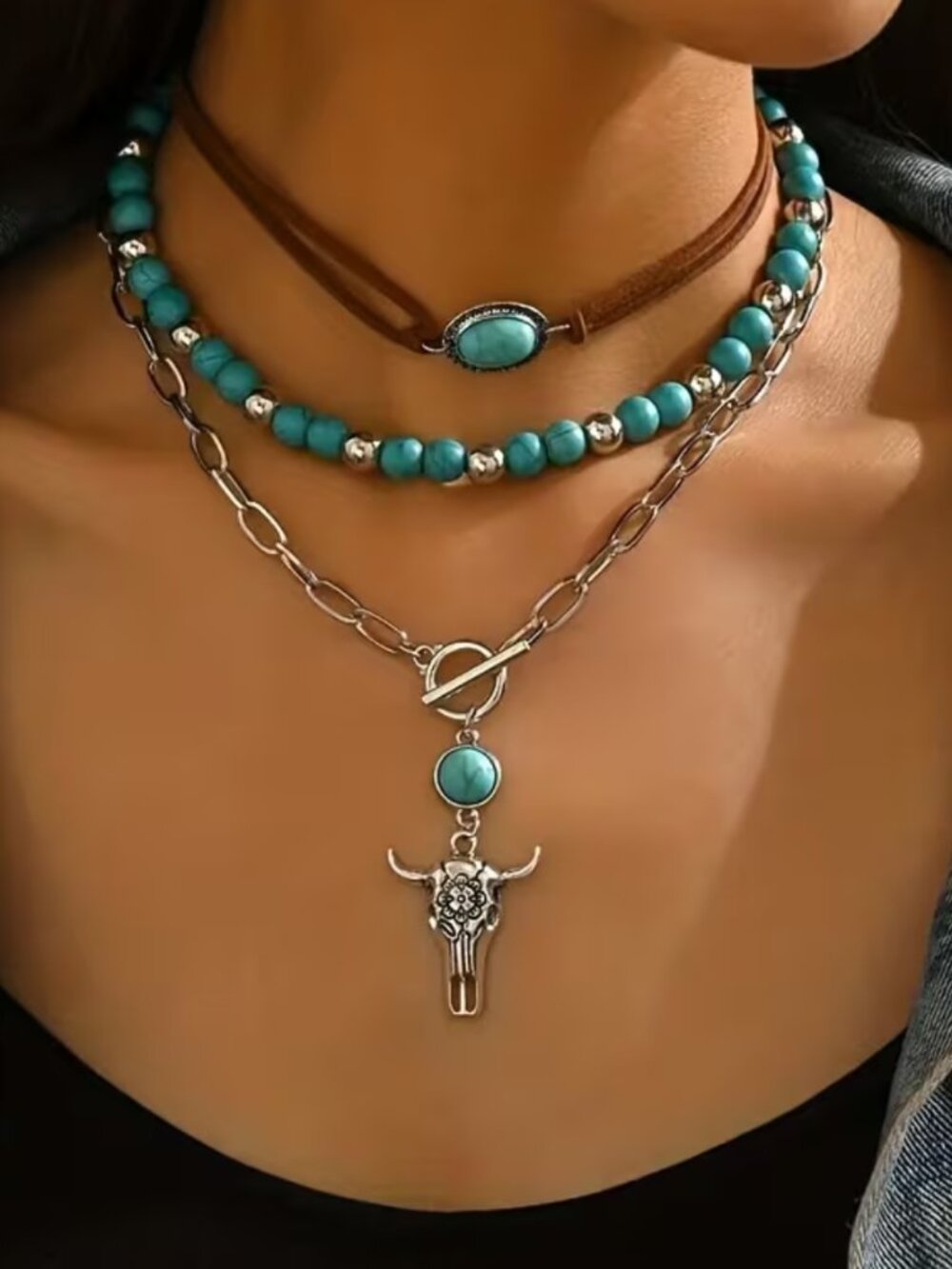 Boho Western 3-Layer Bull Head Necklace Vintage Ethnic Cowboy Statement Jewelry